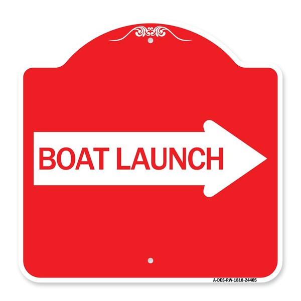Designer Series Boat Launch W/ Right Arrow, Red & White Aluminum Sign, 18" x 18", RW-1818-24405